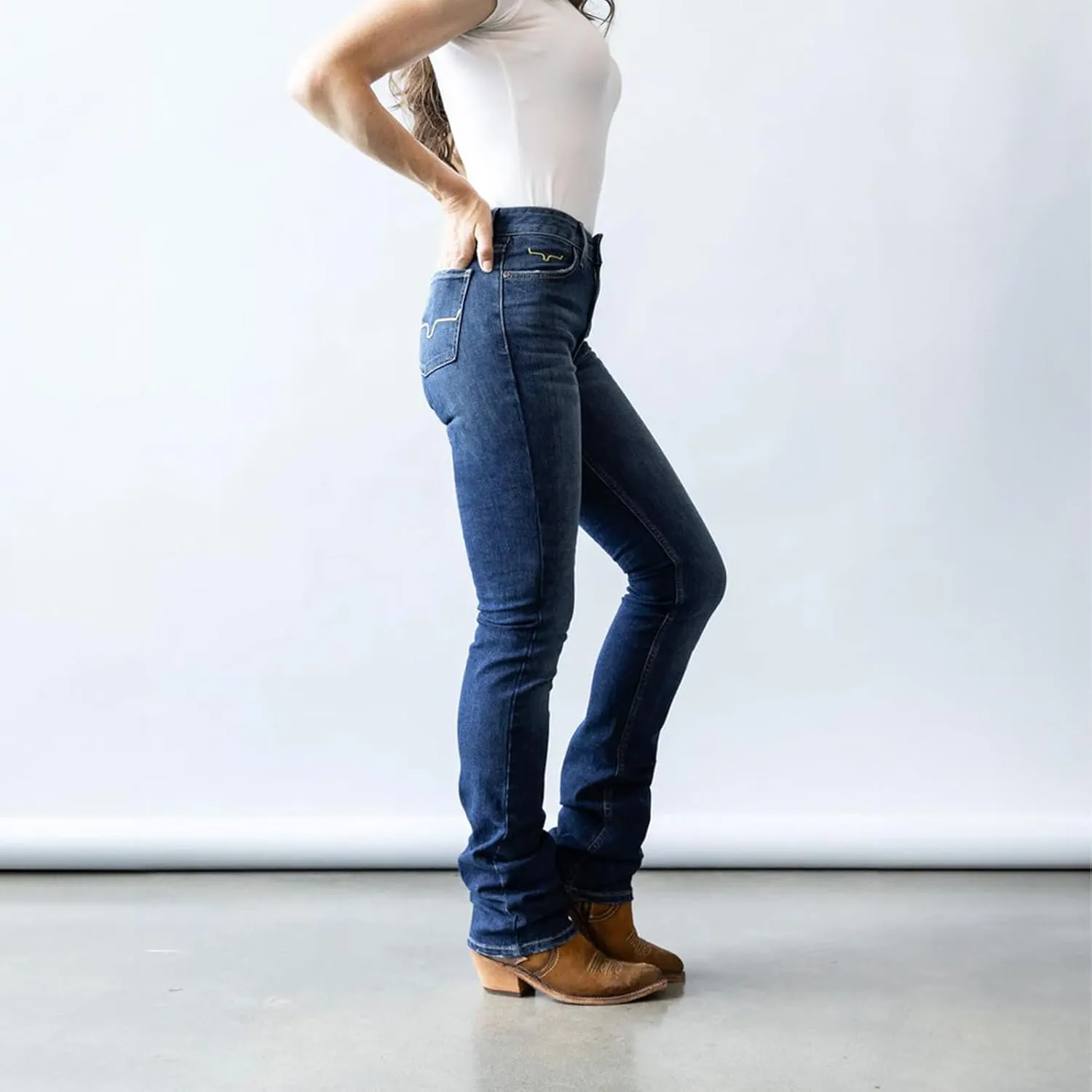 Kimes Ranch Women's Sarah Casual Durable Western High Rise Waist & Slim Bootcut Dark Wash Blue Tri-Blend Denim Jeans