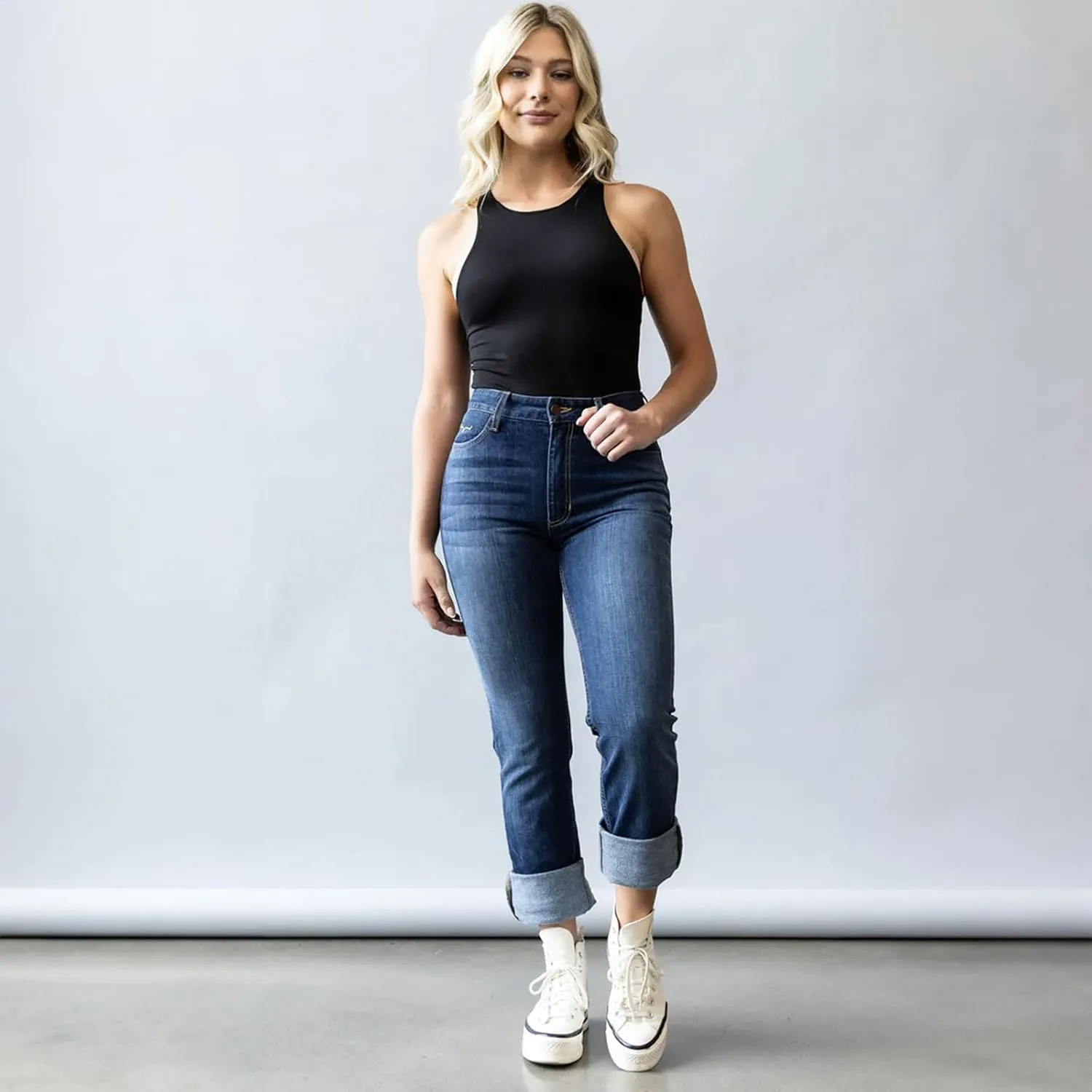 Kimes Ranch Women's Sarah Casual Durable Western High Rise Waist & Slim Bootcut Dark Wash Blue Tri-Blend Denim Jeans
