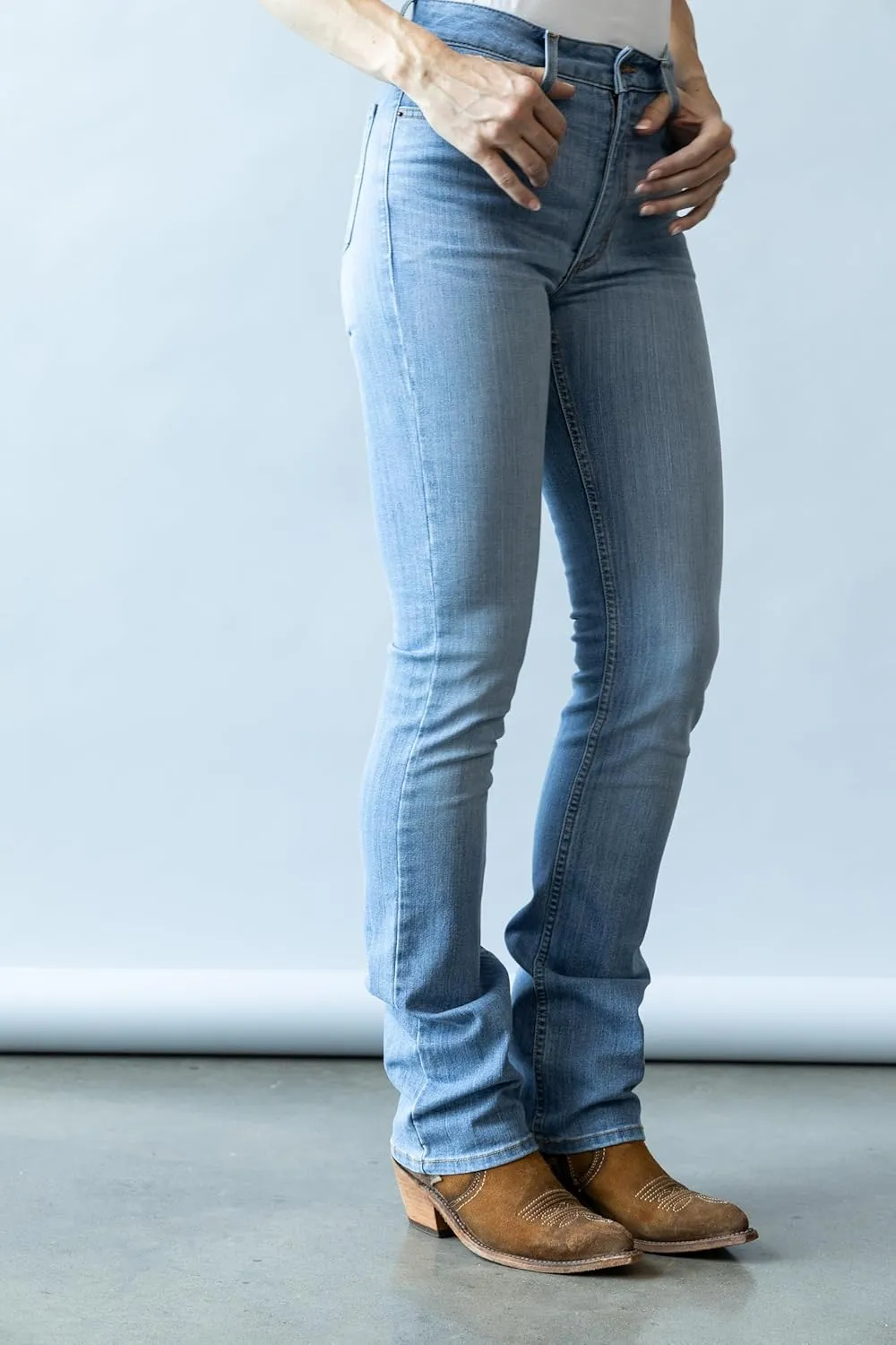 Kimes Ranch Women's Sarah Casual Durable Western High Rise Waist & Slim Bootcut Light Wash Tri-Blend Denim Jeans