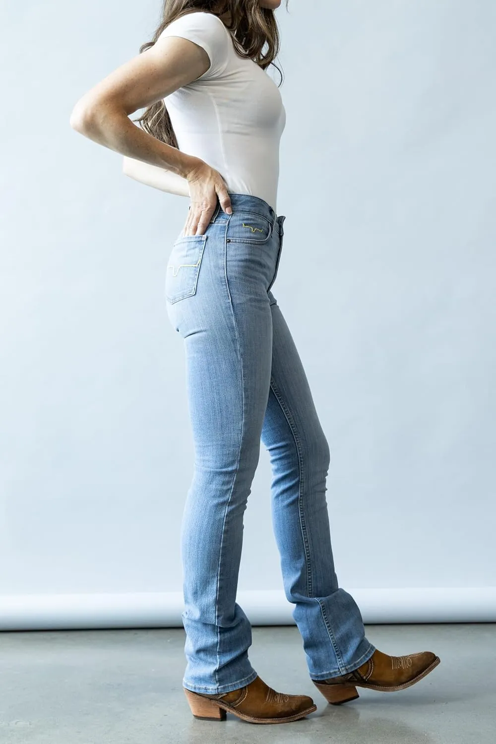 Kimes Ranch Women's Sarah Casual Durable Western High Rise Waist & Slim Bootcut Light Wash Tri-Blend Denim Jeans