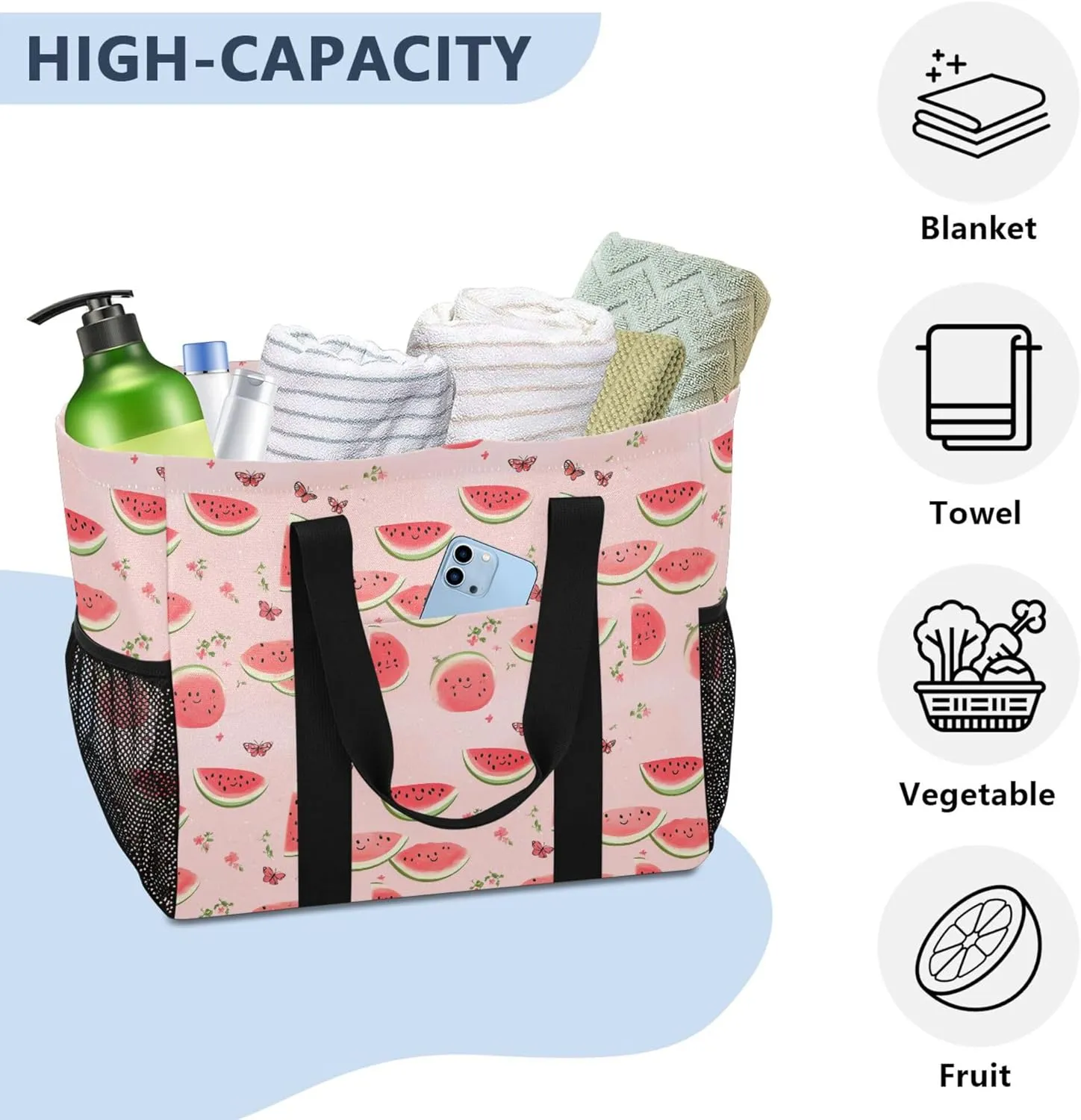 KLL Large Beach Bag Canvas Collapsable Water Resistant Reusable Grocery Bag