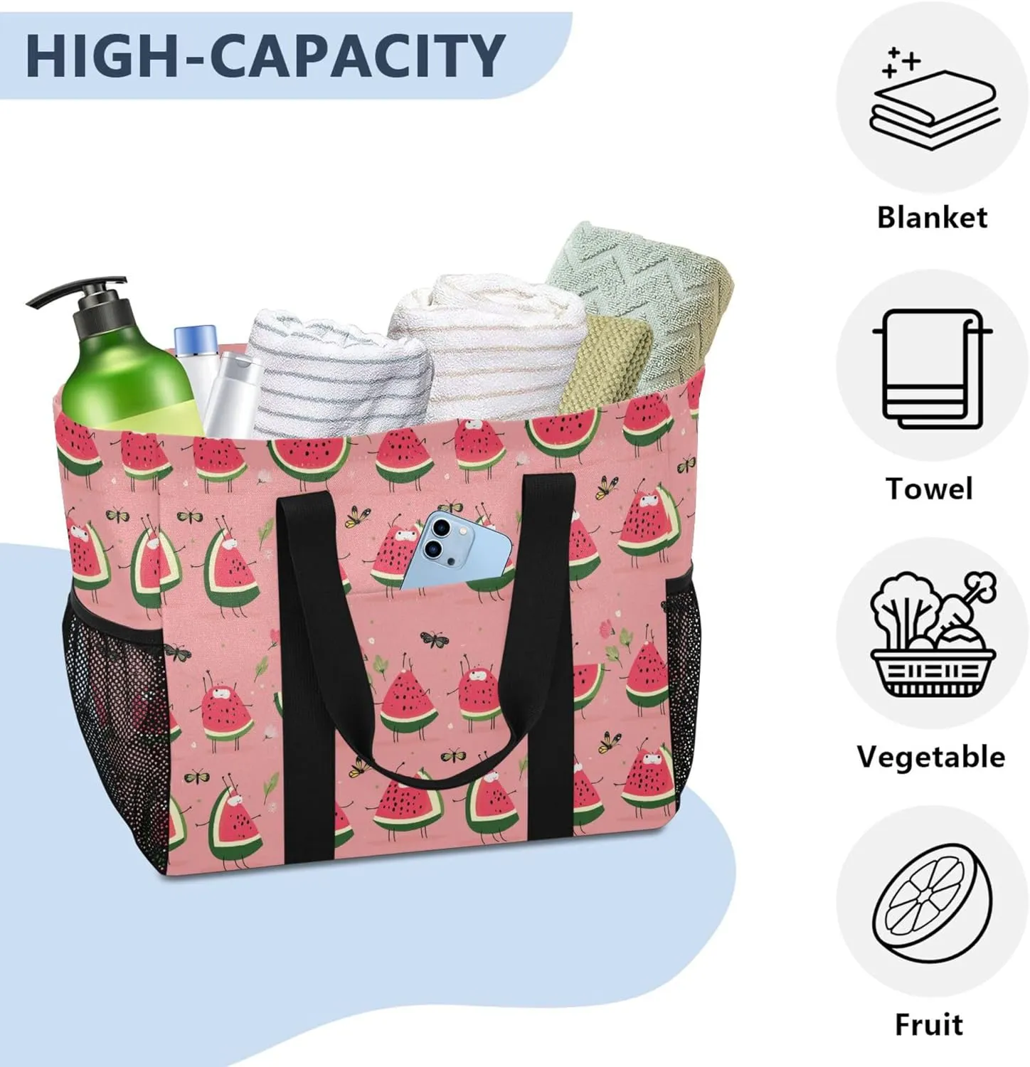 KLL Large Beach Bag Canvas Collapsable Water Resistant Reusable Grocery Bag