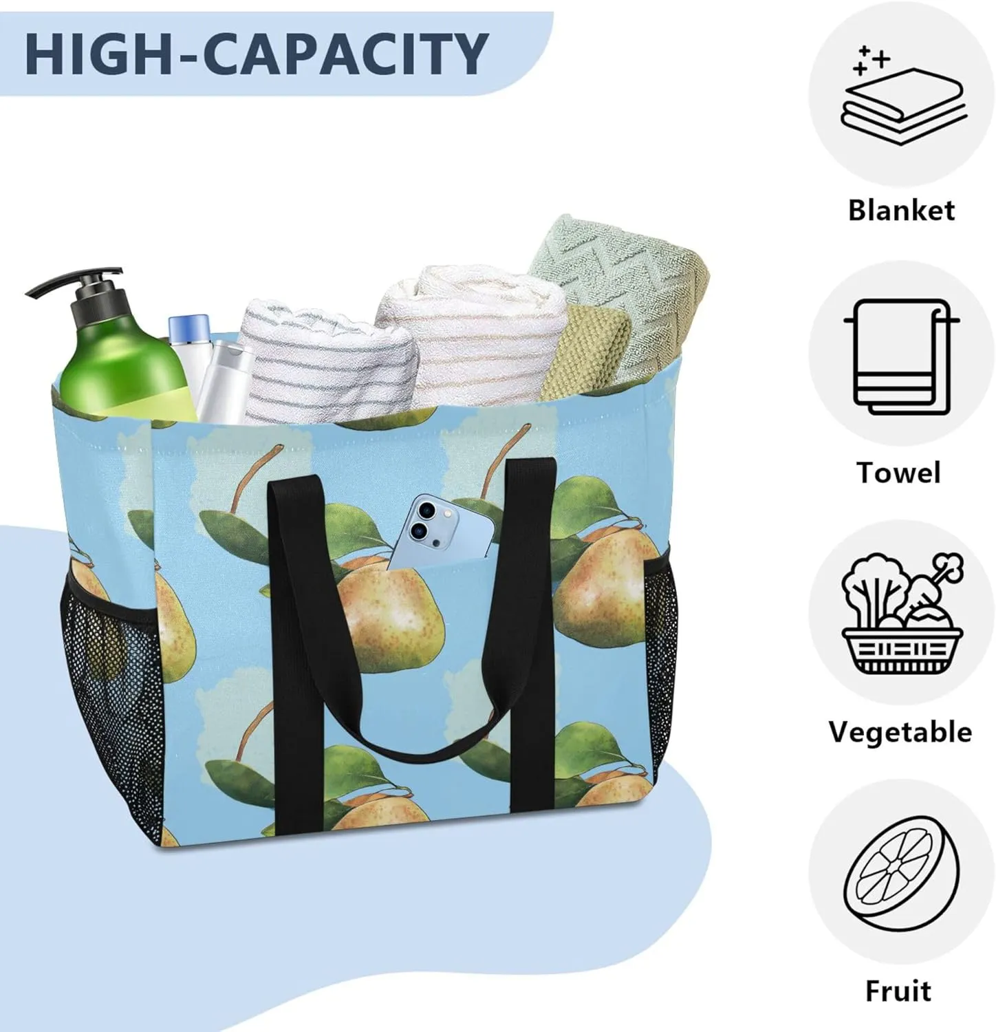 KLL Large Beach Bag Canvas Collapsable Water Resistant Reusable Grocery Bag