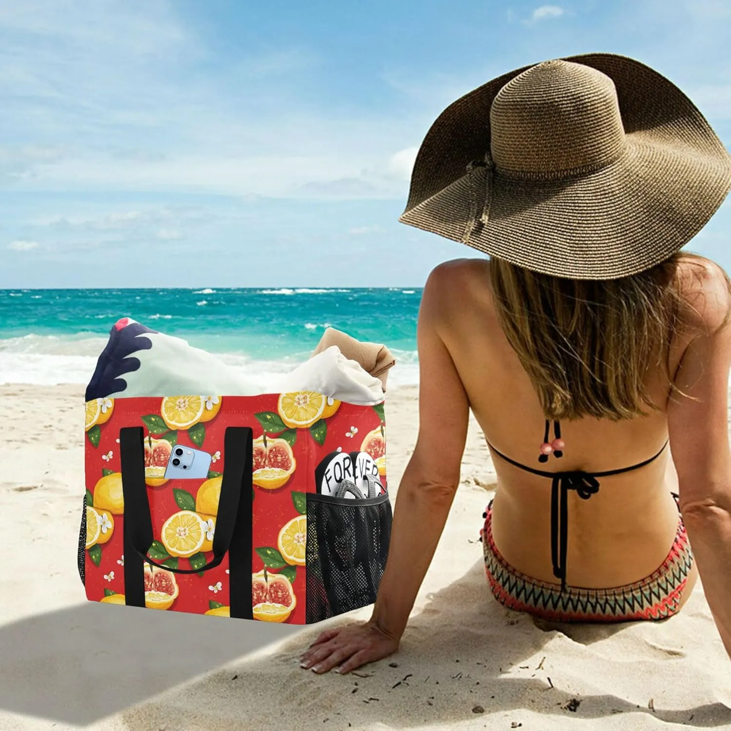 KLL Large Beach Bag Canvas Collapsable Water Resistant Reusable Grocery Bag