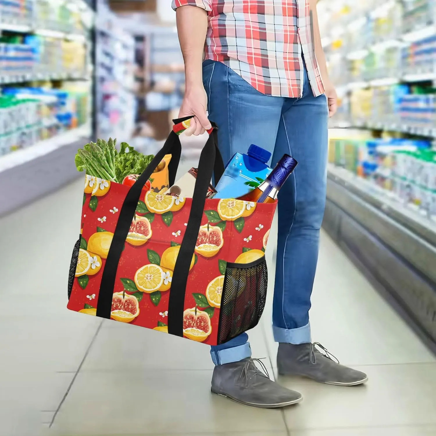 KLL Large Beach Bag Canvas Collapsable Water Resistant Reusable Grocery Bag