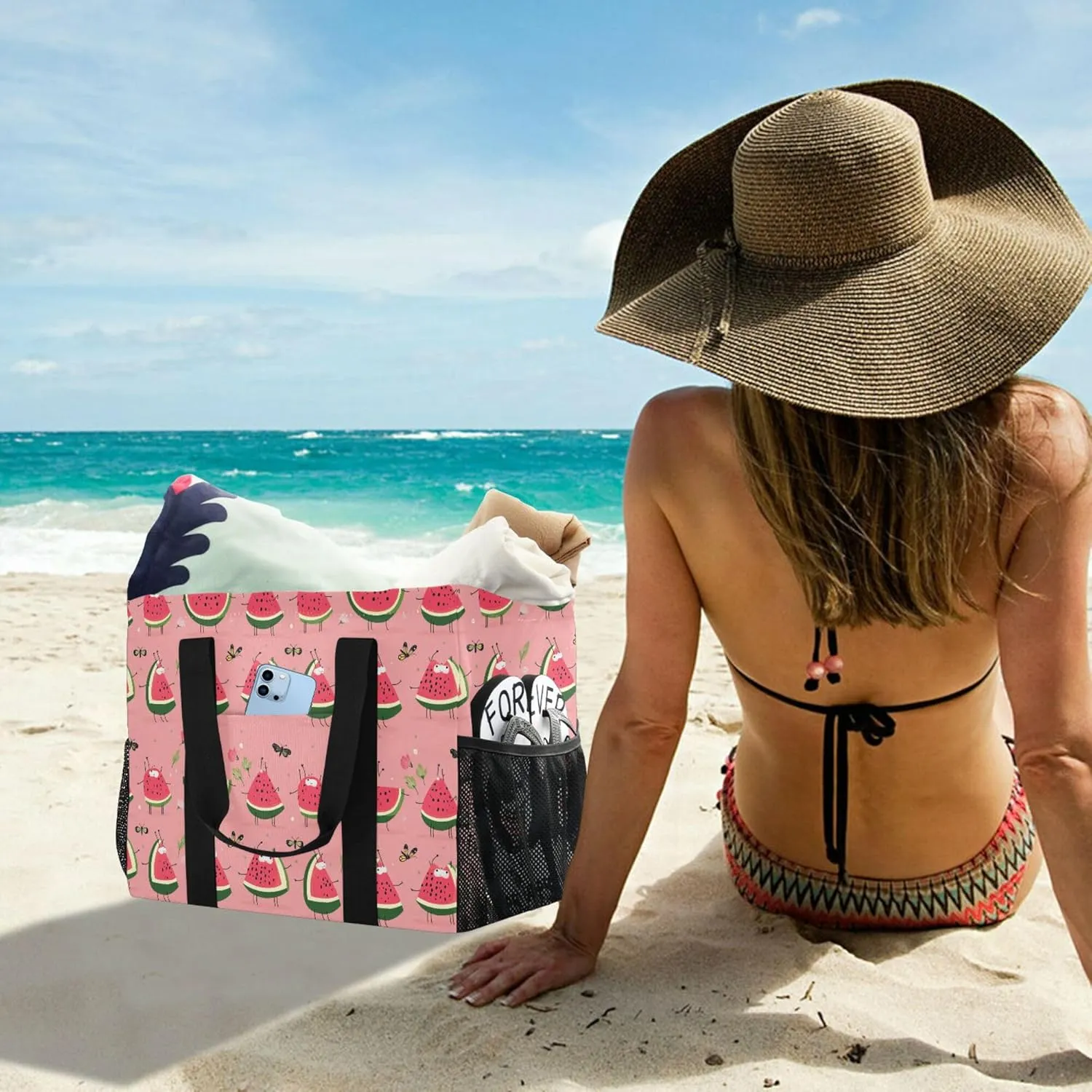 KLL Large Beach Bag Canvas Collapsable Water Resistant Reusable Grocery Bag
