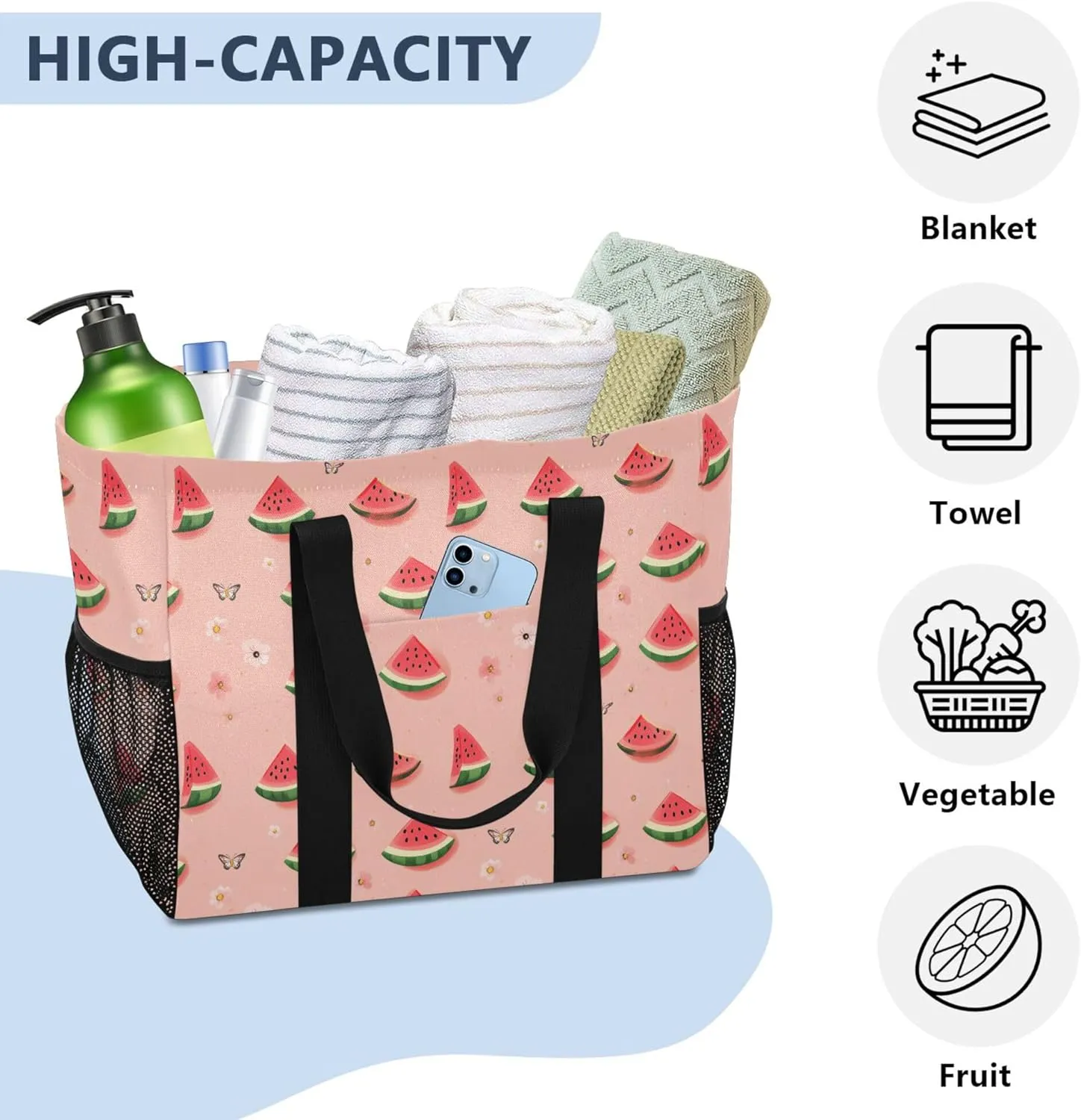 KLL Large Beach Bag Canvas Collapsable Water Resistant Reusable Grocery Bag