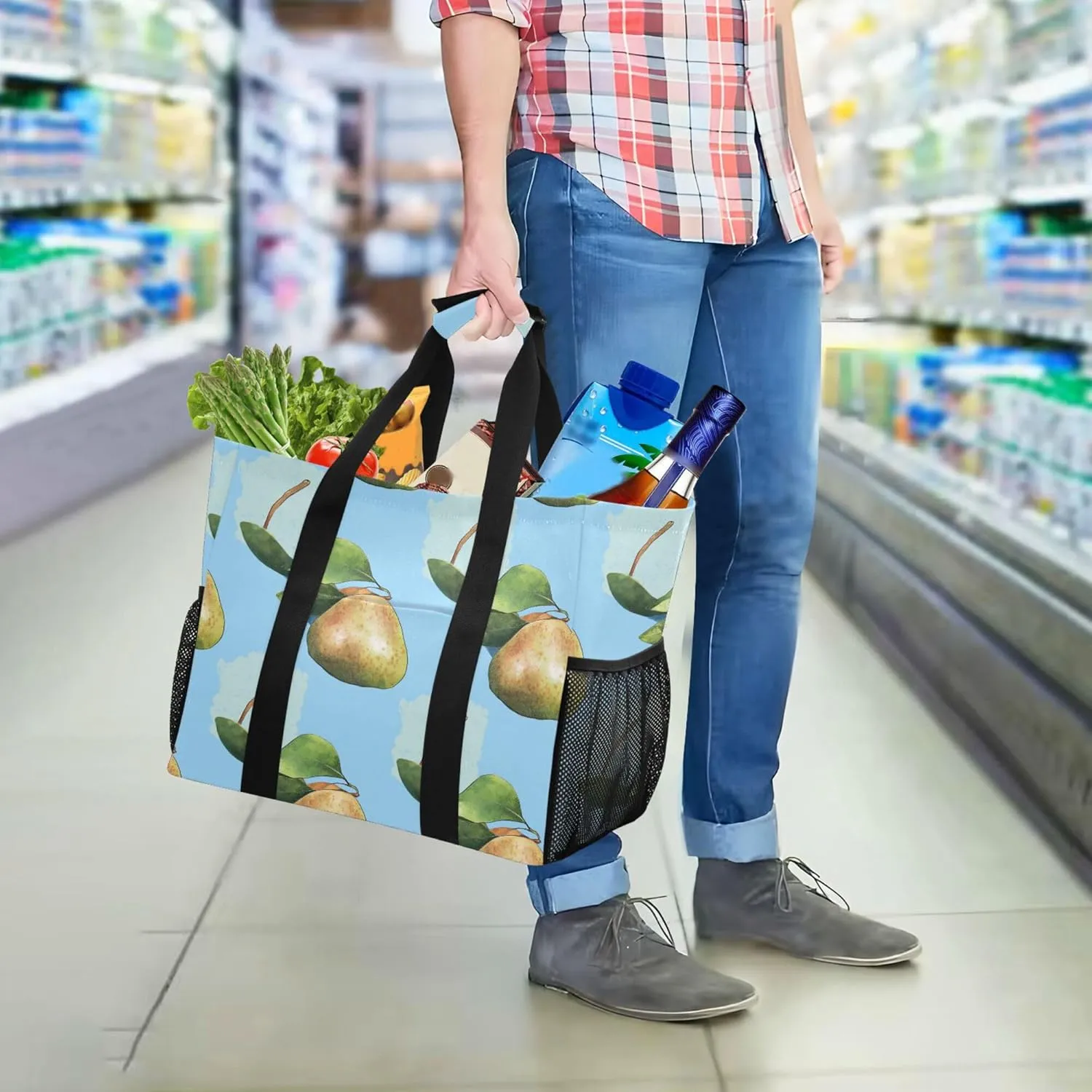 KLL Large Beach Bag Canvas Collapsable Water Resistant Reusable Grocery Bag