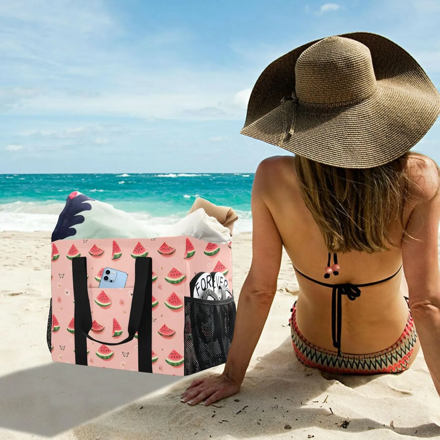 KLL Large Beach Bag Canvas Collapsable Water Resistant Reusable Grocery Bag