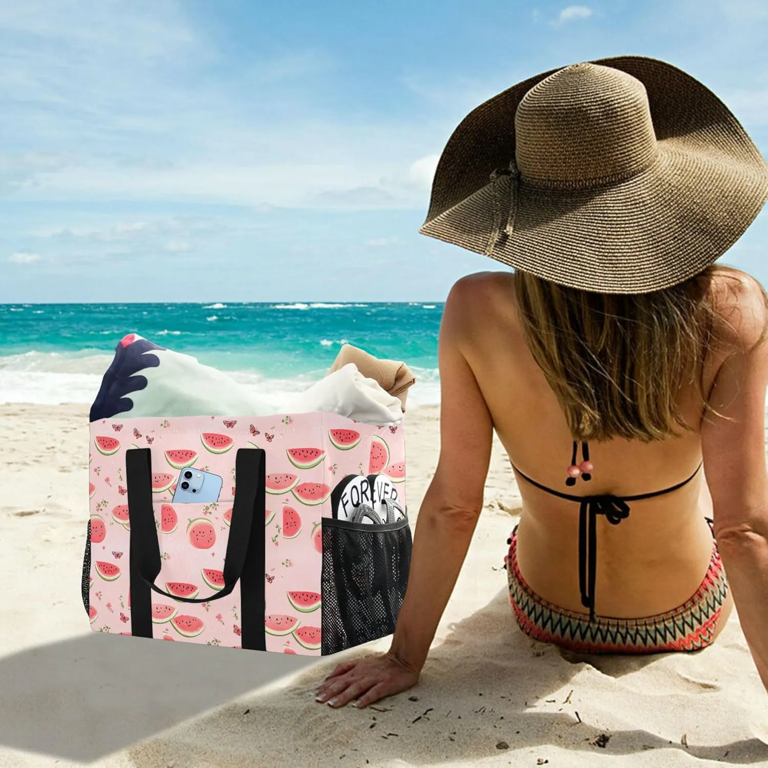 KLL Large Beach Bag Canvas Collapsable Water Resistant Reusable Grocery Bag