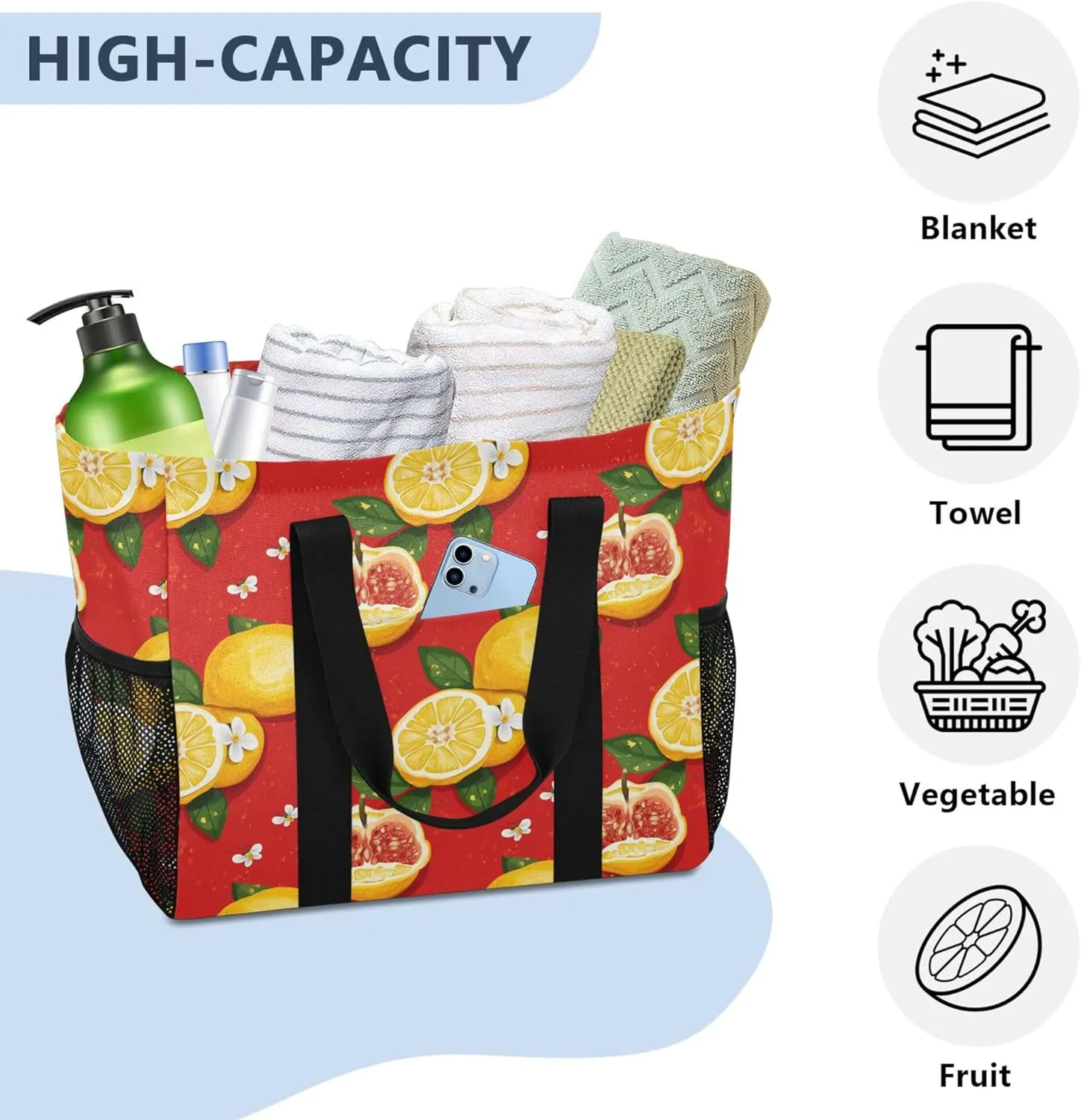 KLL Large Beach Bag Canvas Collapsable Water Resistant Reusable Grocery Bag