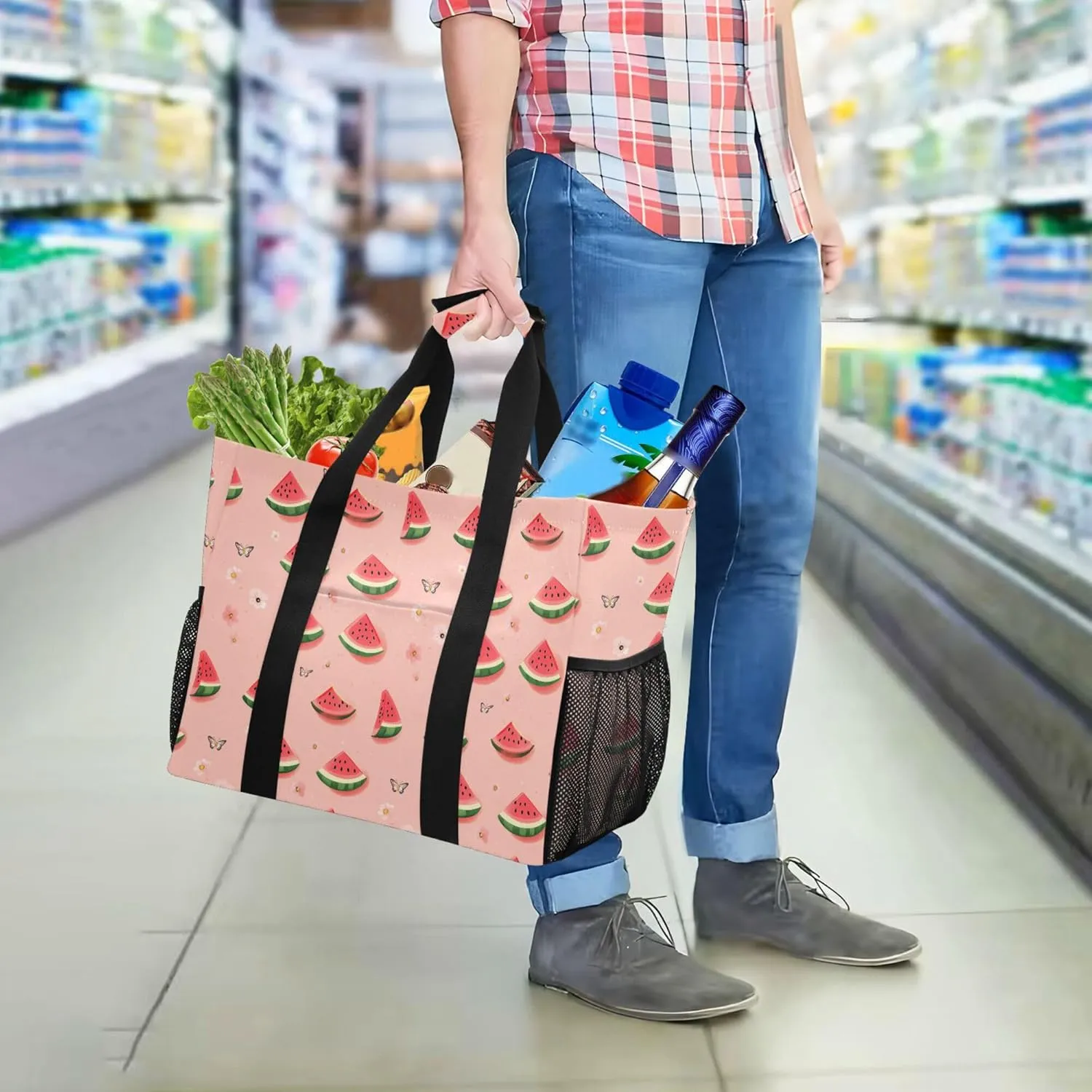 KLL Large Beach Bag Canvas Collapsable Water Resistant Reusable Grocery Bag