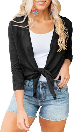 Langwyqu Womens Sheer Tie Knot Bolero Cardigan Summer Long Sleeve Lightweight Open Front Cover Up Crop Tops