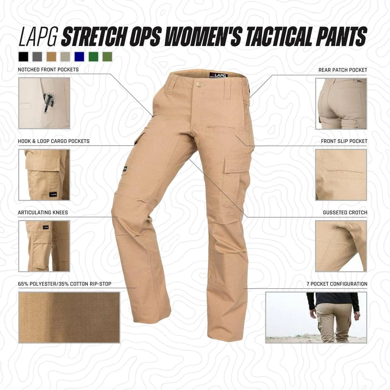 LAPG Women's Gear Stretch Tactical Pants, Low Rise, Slim Fit, 7-Pocket Durable Flex Cargo Outdoor, Hiking & Work Pants