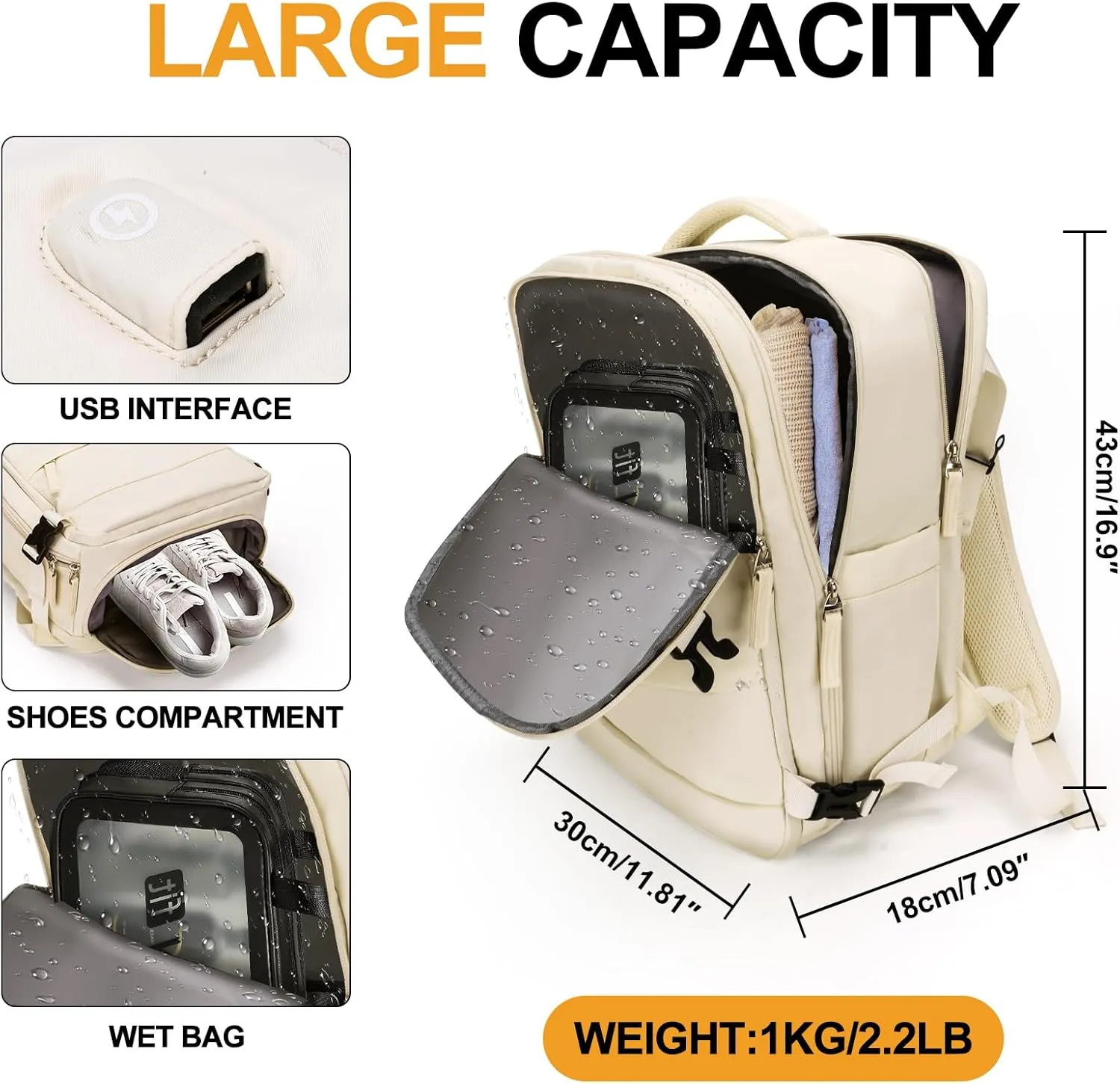 Large 40L Travel Backpack  Airline & Flight Approved Carry-On Luggage, Waterproof, Durable & Lightweight Design for College, Outdoor Sports & Weekend Getaways  Cream