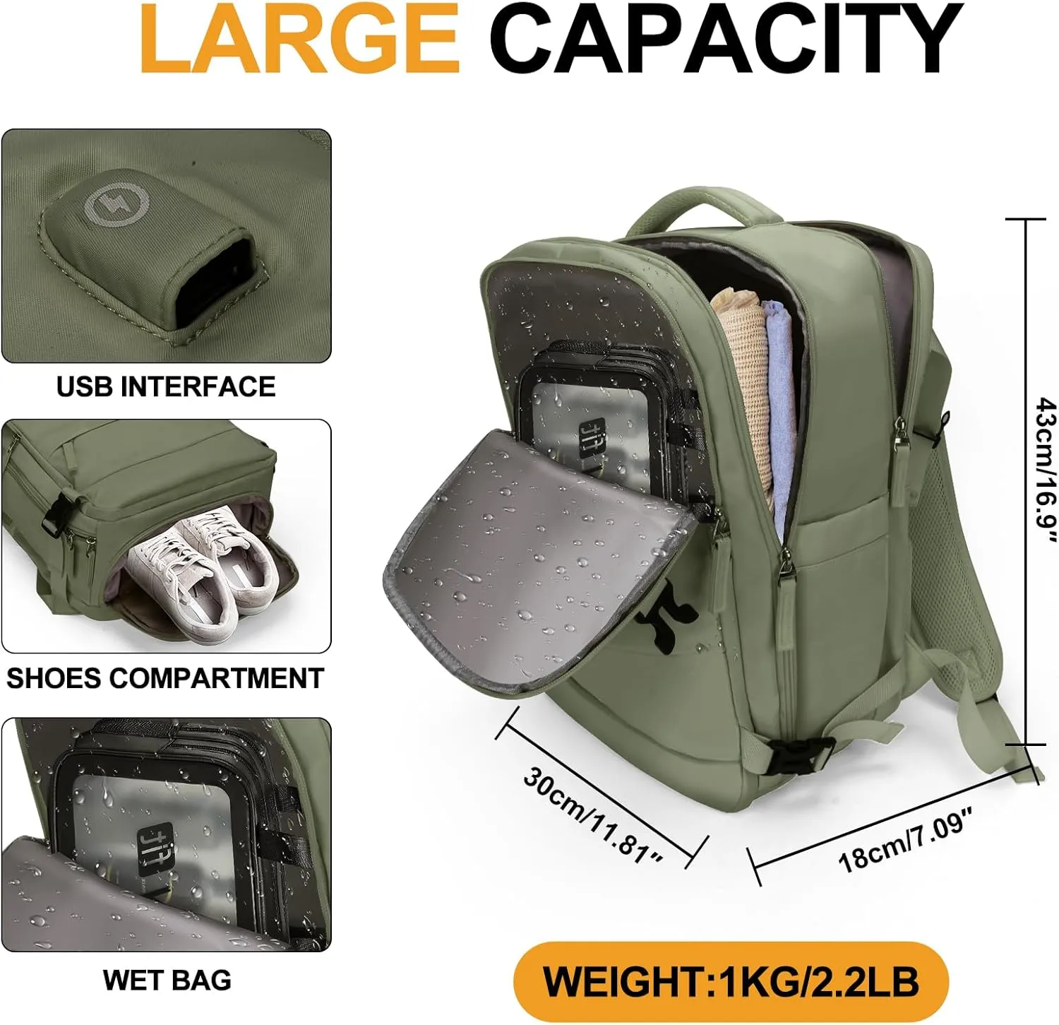 Large 40L Travel Backpack  Airline & Flight Approved Carry-On Luggage, Waterproof, Durable & Lightweight Design for College, Outdoor Sports & Weekend Getaways  Green