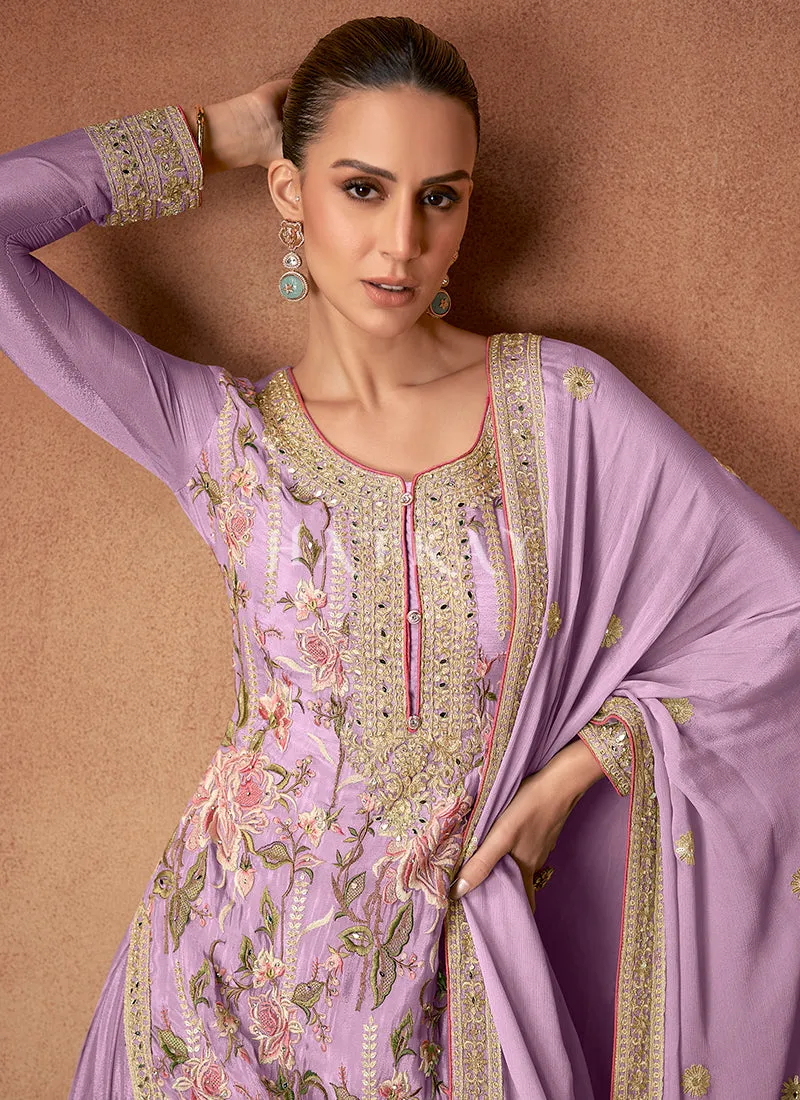 Lavender Floral Embroidery Festive Palazzo Suit