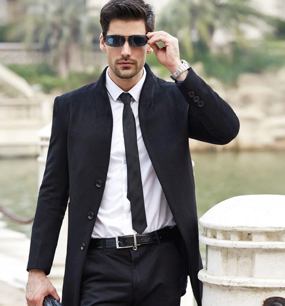 Lavnis Men's Trench Coat Long Wool Blend Overcoat Slim Fit Down Topcoat