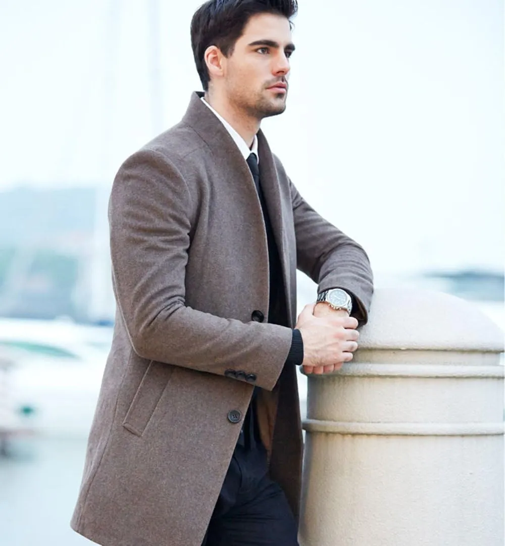 Lavnis Men's Trench Coat Long Wool Blend Overcoat Slim Fit Down Topcoat