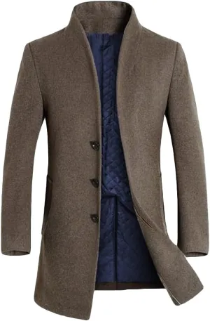 Lavnis Men's Trench Coat Long Wool Blend Overcoat Slim Fit Down Topcoat