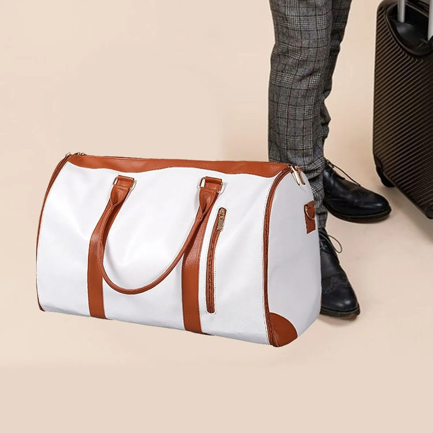 Leather Duffle Bag Portable Multipurpose Water Resistant Carry on Garment Duffel, White