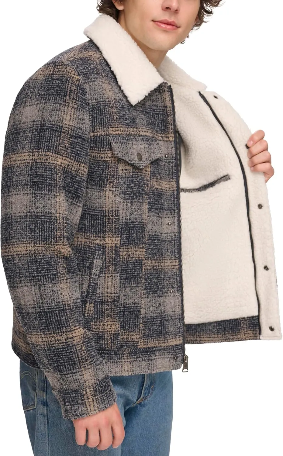 Levi's Men's Wool Blend Plaid Trucker with Sherpa Lining