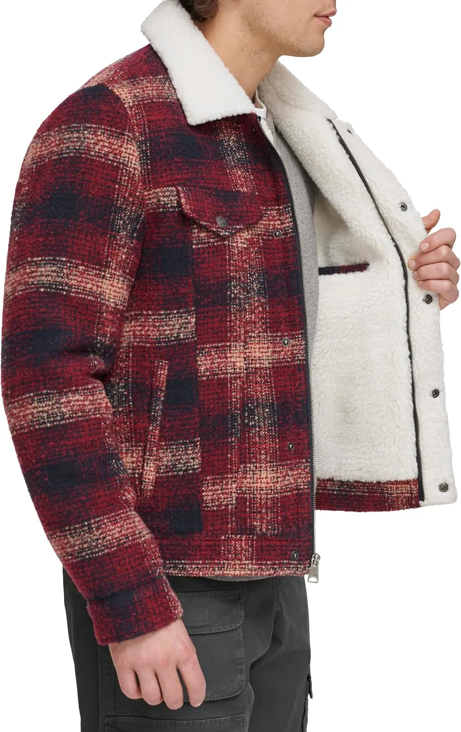 Levi's Men's Wool Blend Plaid Trucker with Sherpa Lining