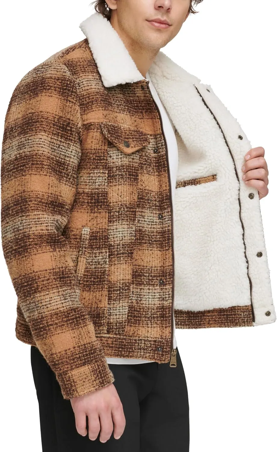 Levi's Men's Wool Blend Plaid Trucker with Sherpa Lining