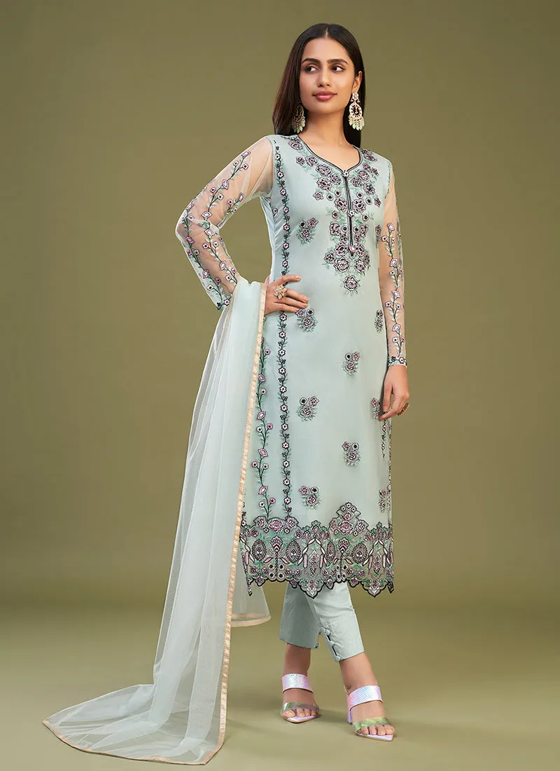 Light Blue Multi Embroidery Bridesmaid Pant Style Suit