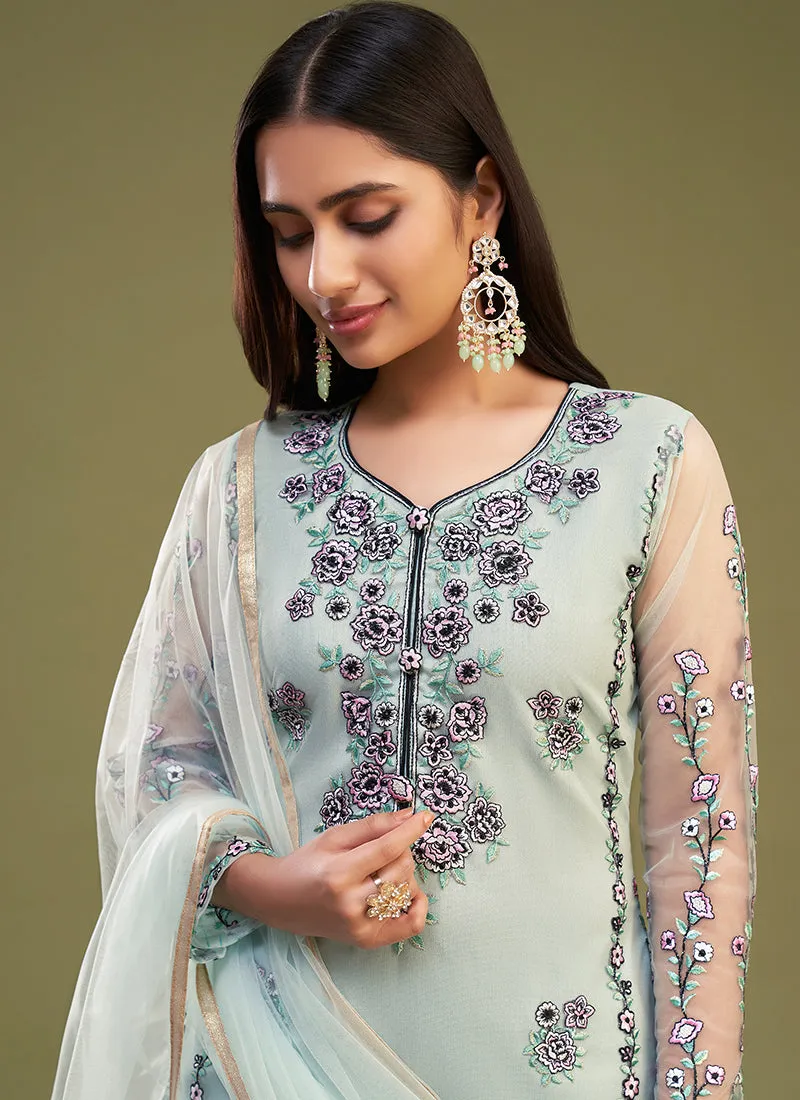 Light Blue Multi Embroidery Bridesmaid Pant Style Suit