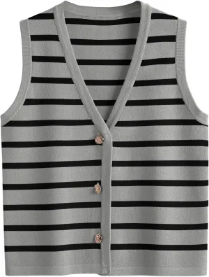 LILLUSORY Summer Vest Tops for Women 2025 Striped Sweater Vests Vacation Button Up Outfits Spring Shirts Blouses Clothes