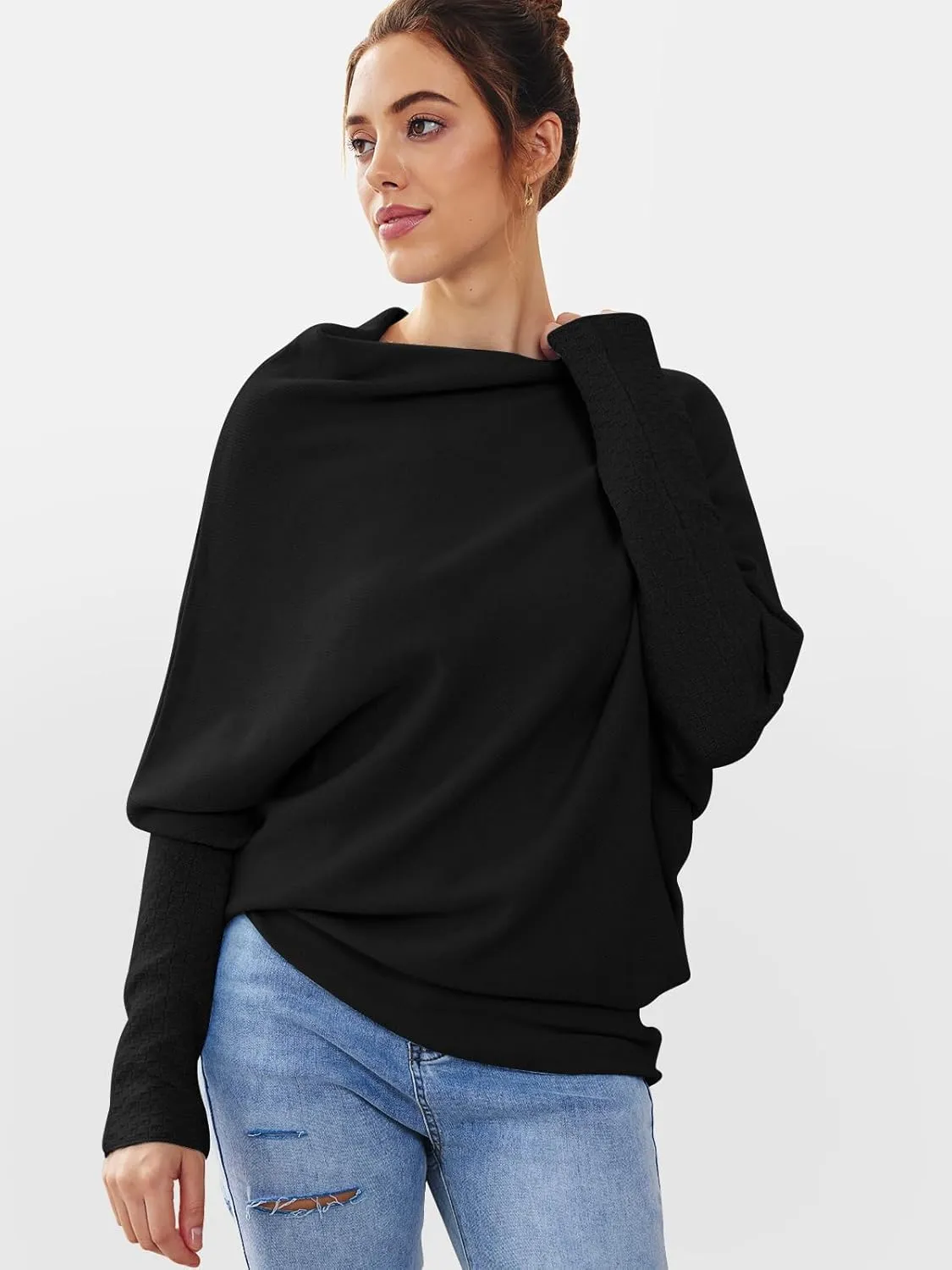 LILLUSORY Womens Batwing Oversized Sweaters 2025 Assymetrical Boat Neck Wrap Tunic Tops Fall Fashion Cloth Outfit