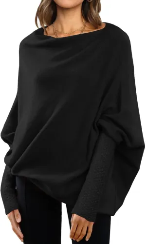 LILLUSORY Womens Batwing Oversized Sweaters 2025 Assymetrical Boat Neck Wrap Tunic Tops Fall Fashion Cloth Outfit