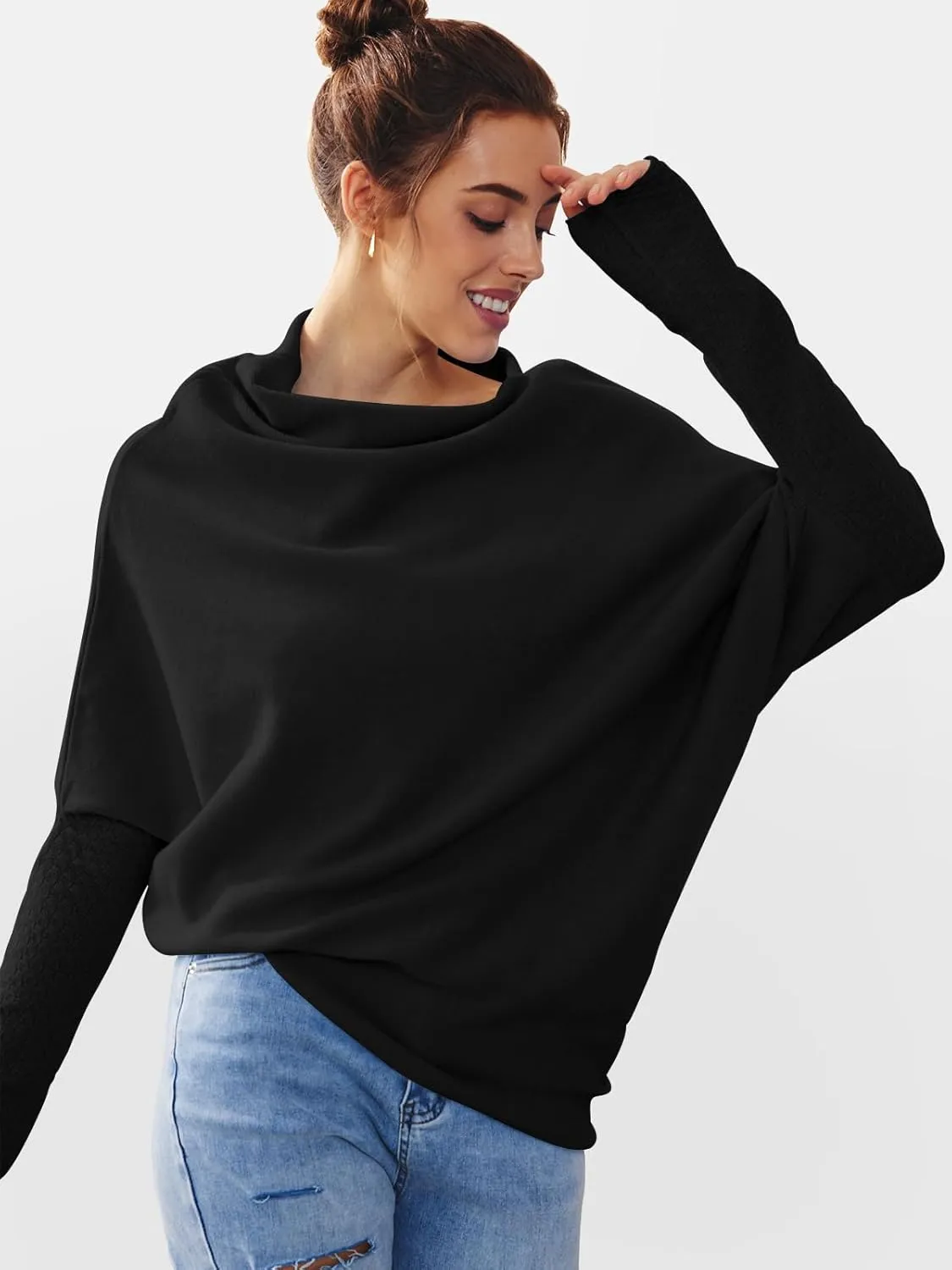 LILLUSORY Womens Batwing Oversized Sweaters 2025 Assymetrical Boat Neck Wrap Tunic Tops Fall Fashion Cloth Outfit
