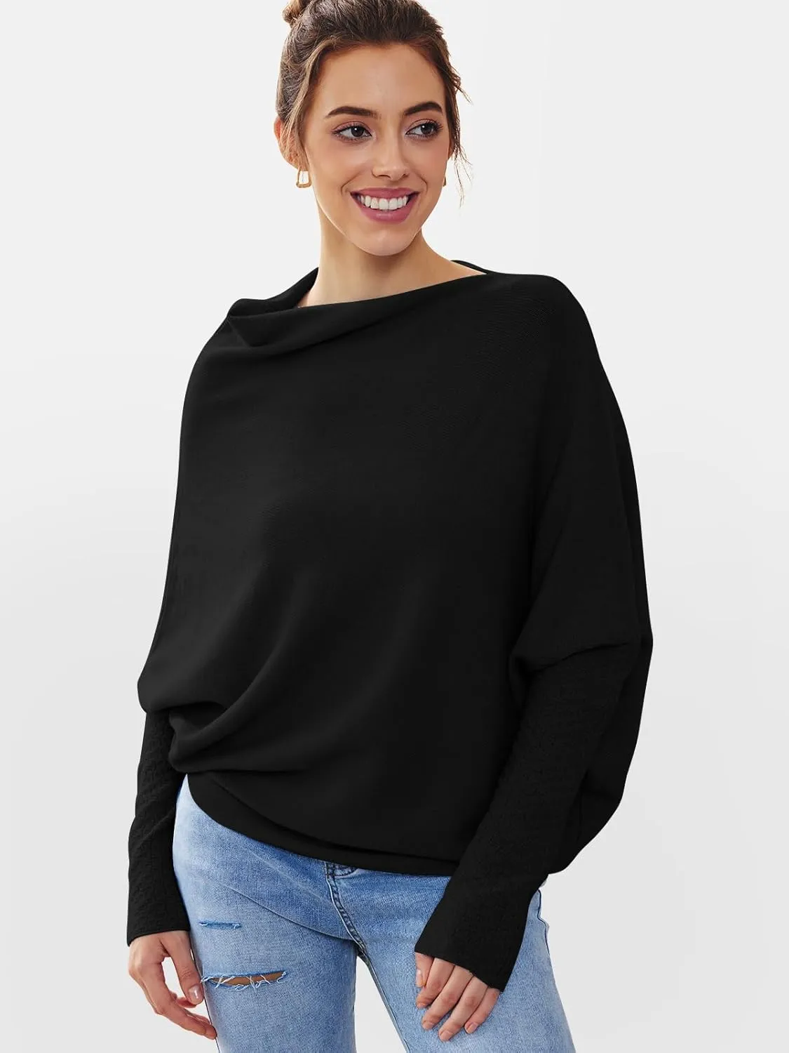 LILLUSORY Womens Batwing Oversized Sweaters 2025 Assymetrical Boat Neck Wrap Tunic Tops Fall Fashion Cloth Outfit