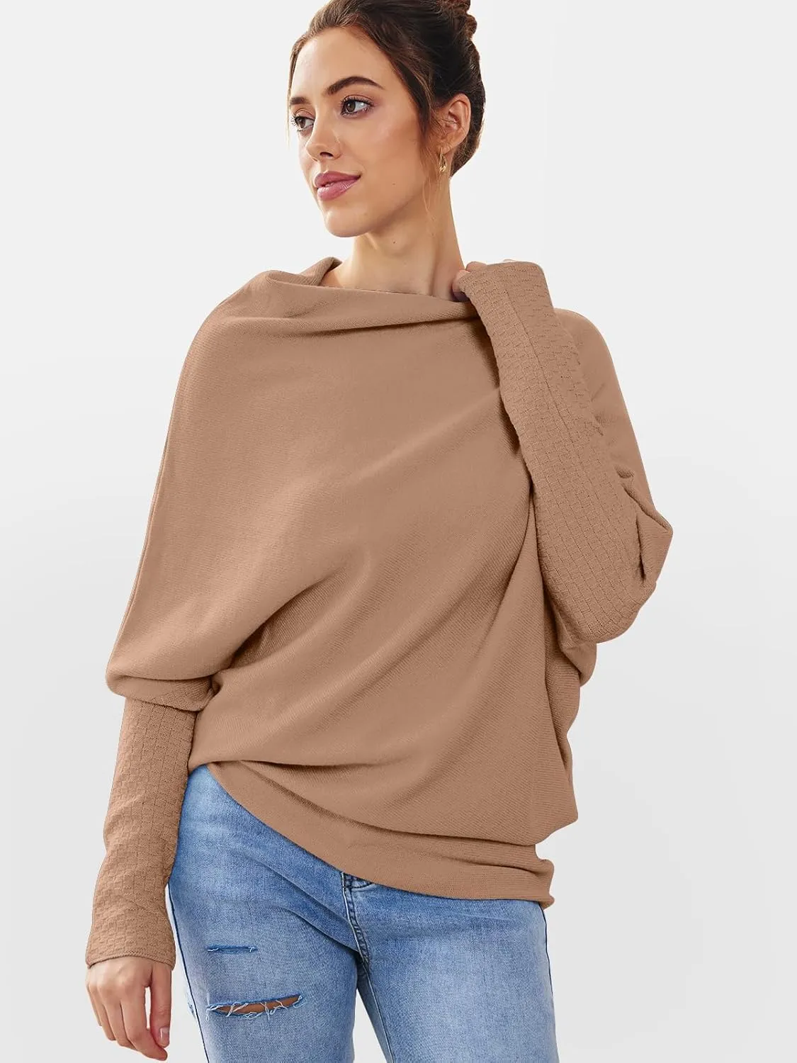 LILLUSORY Womens Batwing Oversized Sweaters 2025 Assymetrical Boat Neck Wrap Tunic Tops Fall Fashion Cloth Outfit