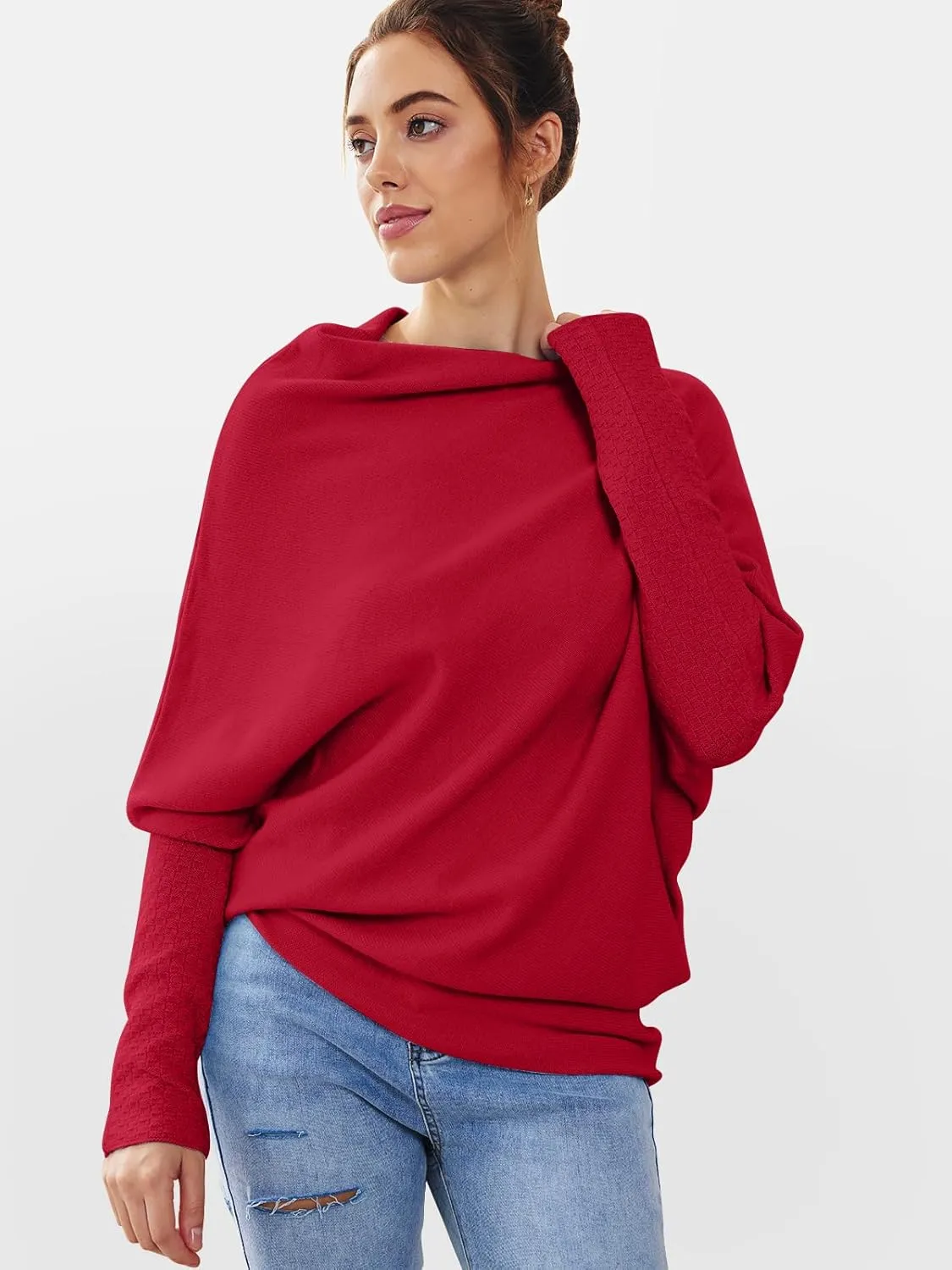 LILLUSORY Womens Batwing Oversized Sweaters 2025 Assymetrical Boat Neck Wrap Tunic Tops Fall Fashion Cloth Outfit