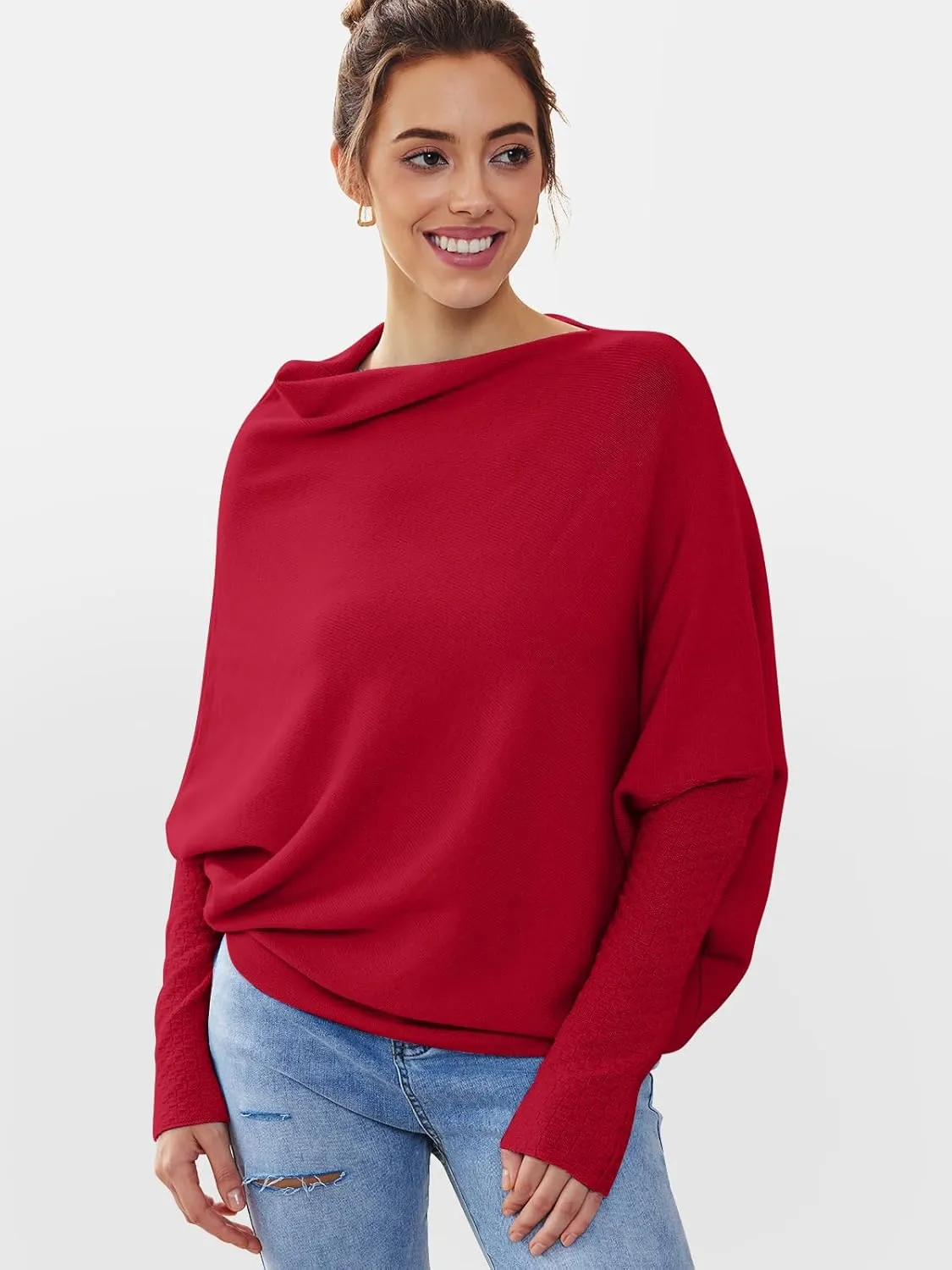 LILLUSORY Womens Batwing Oversized Sweaters 2025 Assymetrical Boat Neck Wrap Tunic Tops Fall Fashion Cloth Outfit