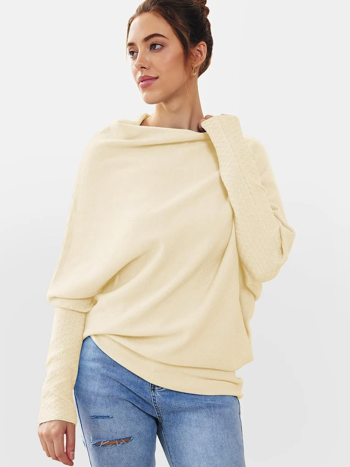 LILLUSORY Womens Batwing Oversized Sweaters 2025 Assymetrical Boat Neck Wrap Tunic Tops Fall Fashion Cloth Outfit