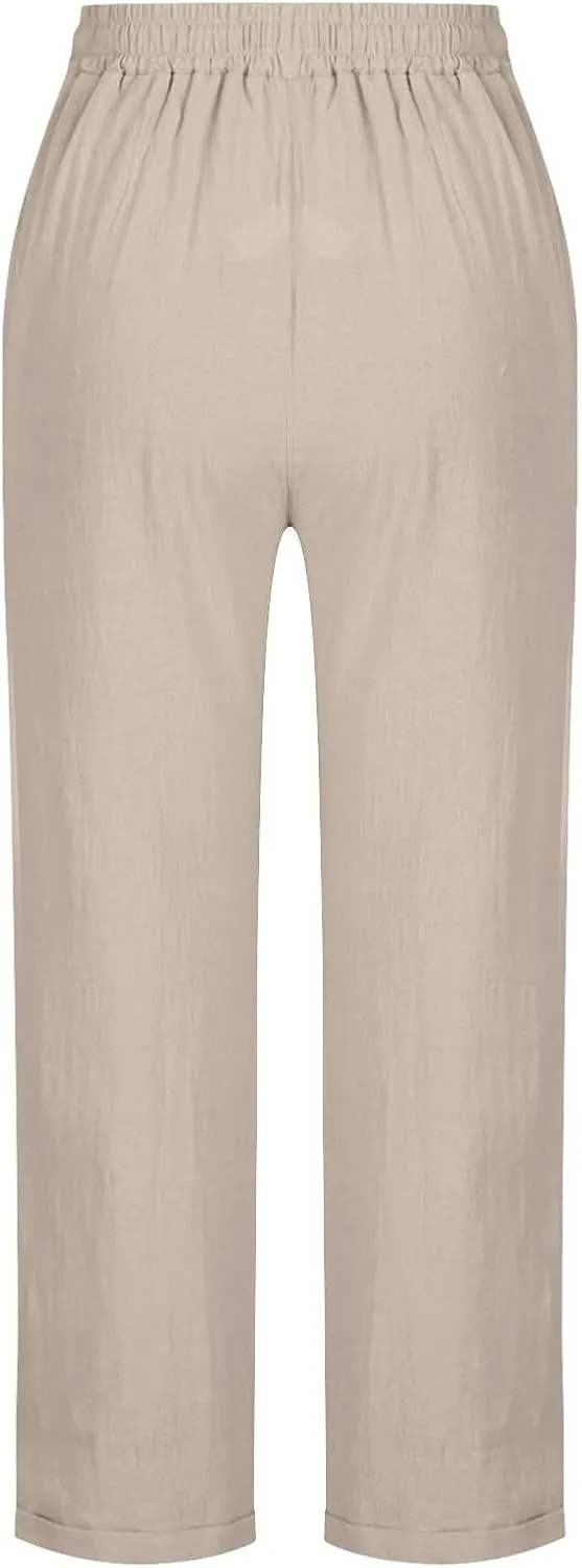 Linen Pants for Women 2025 Summer Casual Straight Loose High Waisted Drawstring Elastic Pant Daily Beach Trouser