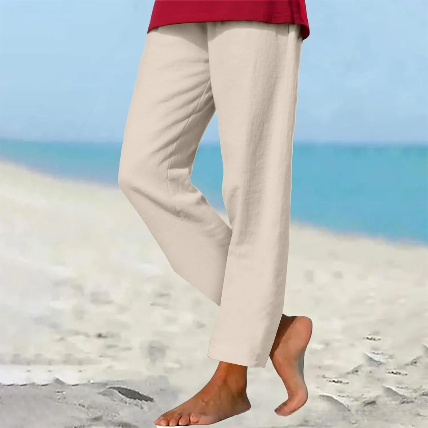 Linen Pants for Women 2025 Summer Casual Straight Loose High Waisted Drawstring Elastic Pant Daily Beach Trouser