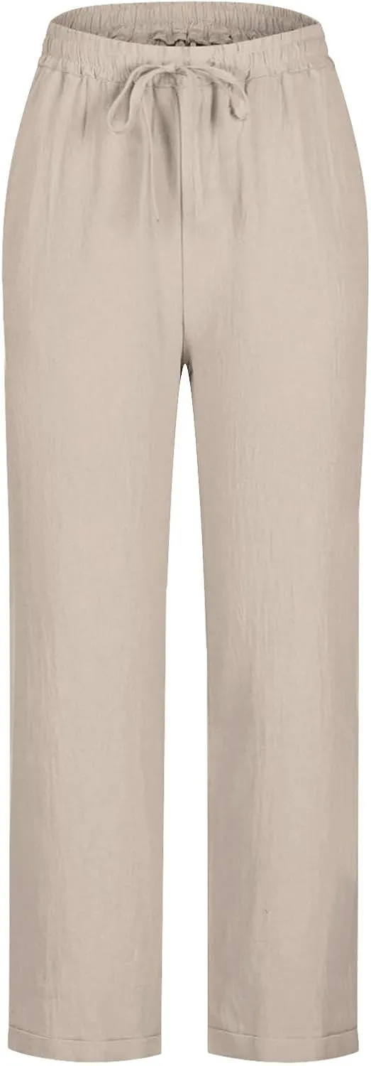 Linen Pants for Women 2025 Summer Casual Straight Loose High Waisted Drawstring Elastic Pant Daily Beach Trouser