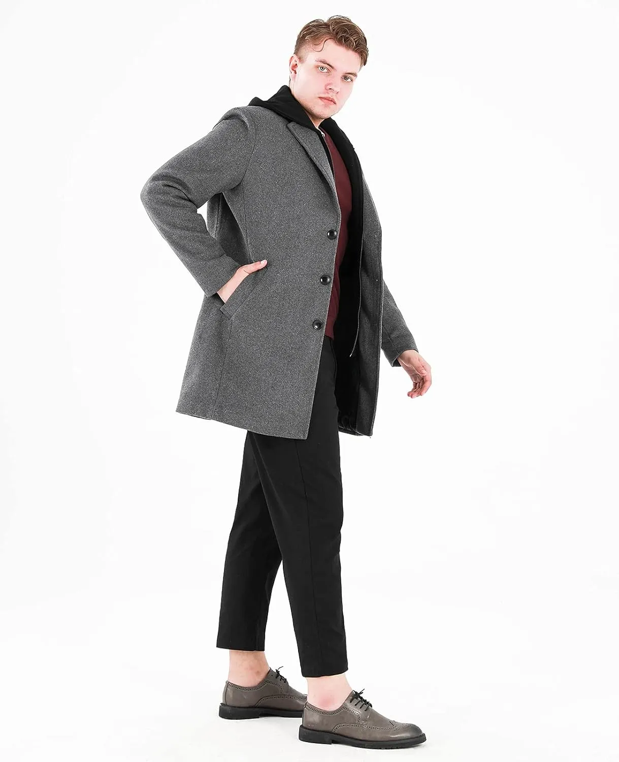 Lisskolo Men's Wool Blend Overcoat with Detachable Hooded Trench Coat Hip Length