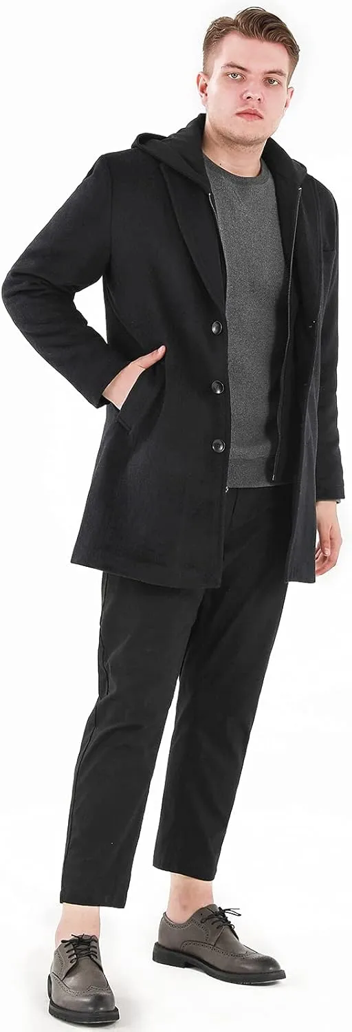 Lisskolo Men's Wool Blend Overcoat with Detachable Hooded Trench Coat Hip Length