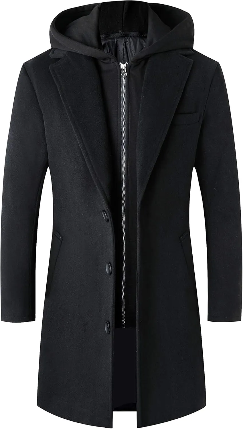 Lisskolo Men's Wool Blend Overcoat with Detachable Hooded Trench Coat Hip Length