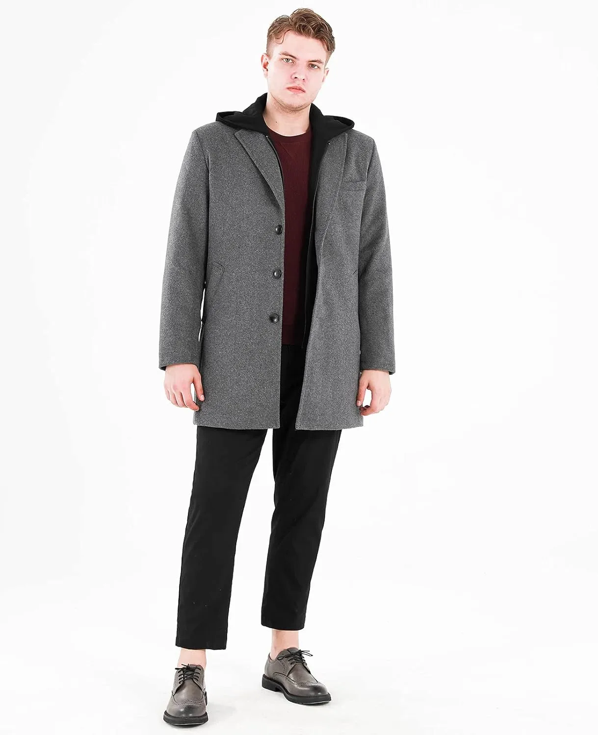 Lisskolo Men's Wool Blend Overcoat with Detachable Hooded Trench Coat Hip Length