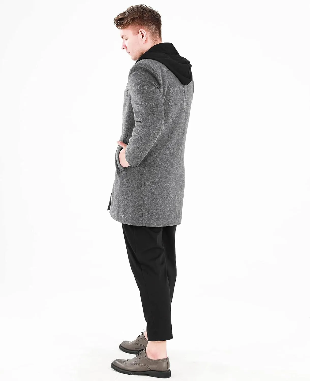 Lisskolo Men's Wool Blend Overcoat with Detachable Hooded Trench Coat Hip Length