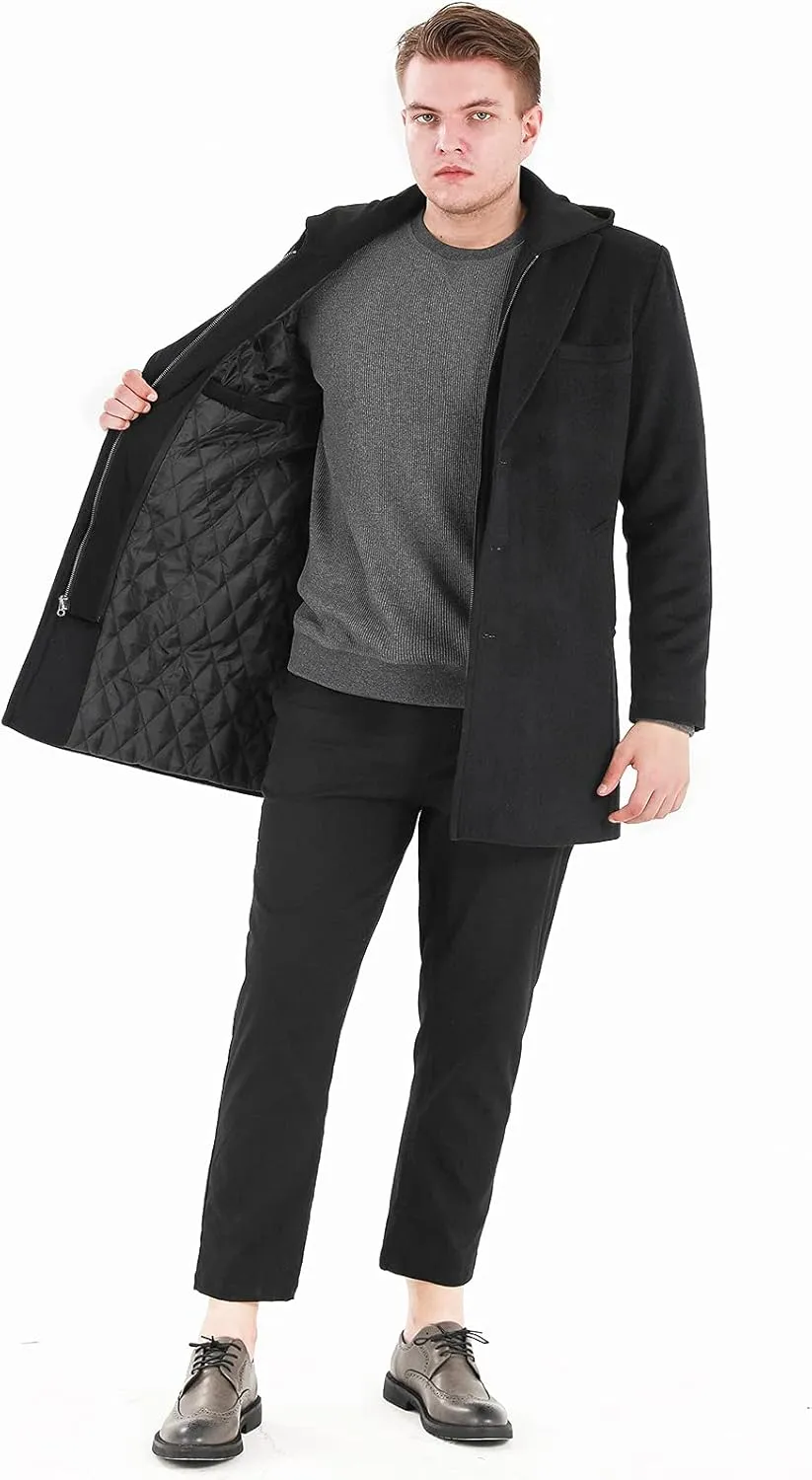 Lisskolo Men's Wool Blend Overcoat with Detachable Hooded Trench Coat Hip Length