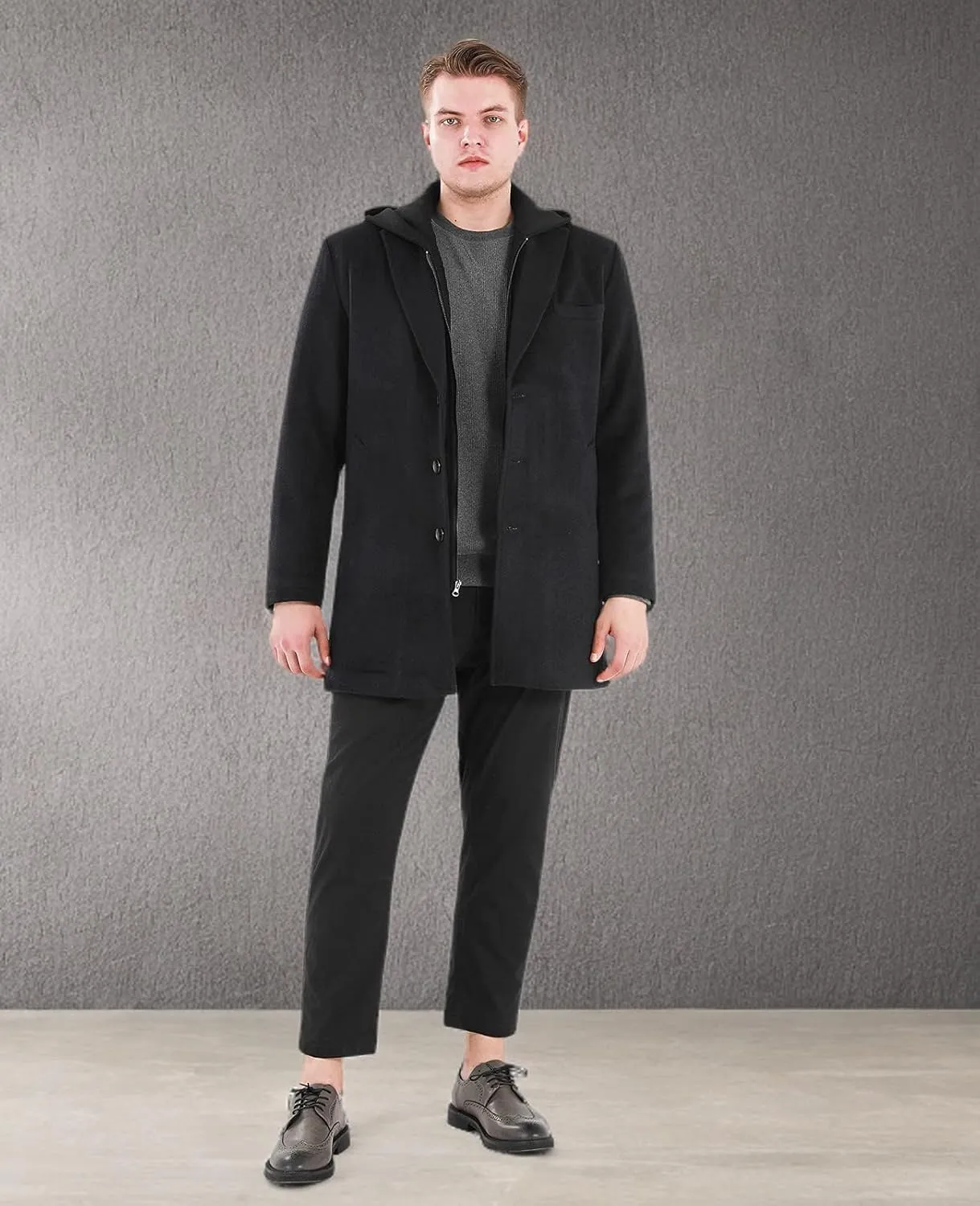 Lisskolo Men's Wool Blend Overcoat with Detachable Hooded Trench Coat Hip Length