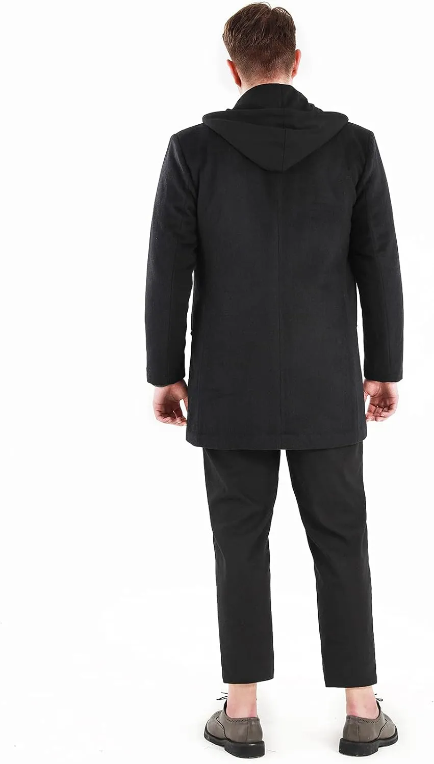 Lisskolo Men's Wool Blend Overcoat with Detachable Hooded Trench Coat Hip Length